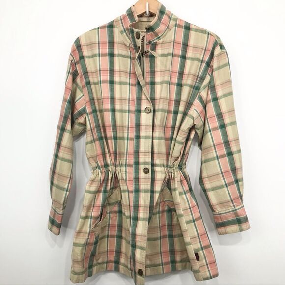 Woolrich Tan Pink Green Plaid 100% Cotton Gathered Zip up Jacket - Picture 1 of 16